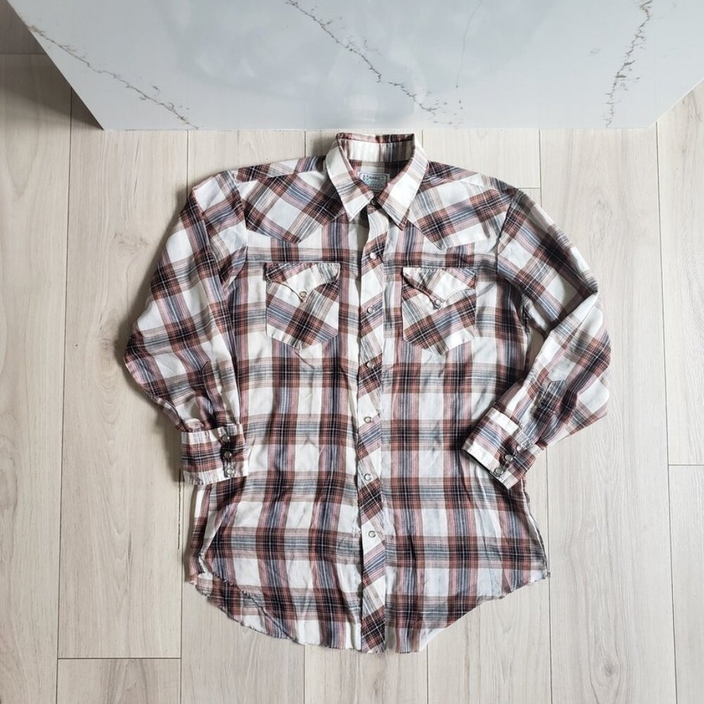 VTG H Bar C California Ranchwear Shirt Mens L Long Tail Tan Plaid Pearl Snap USA - Picture 2 of 7